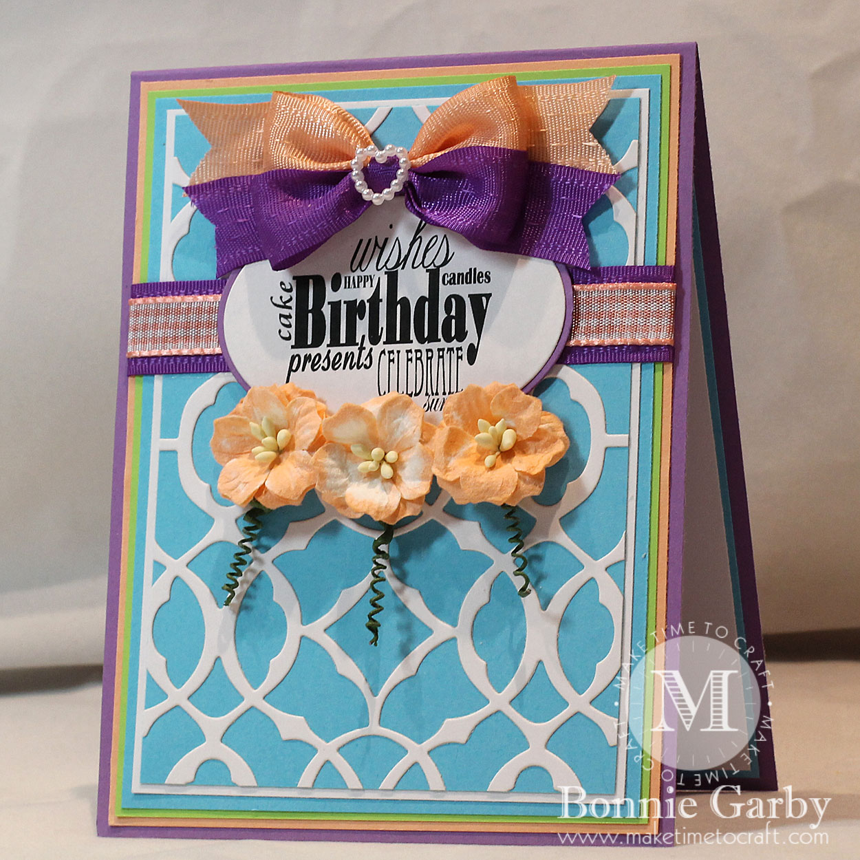 Handmade card with Ribbon and Mulberry Flowers from Really Reasonable Ribbon