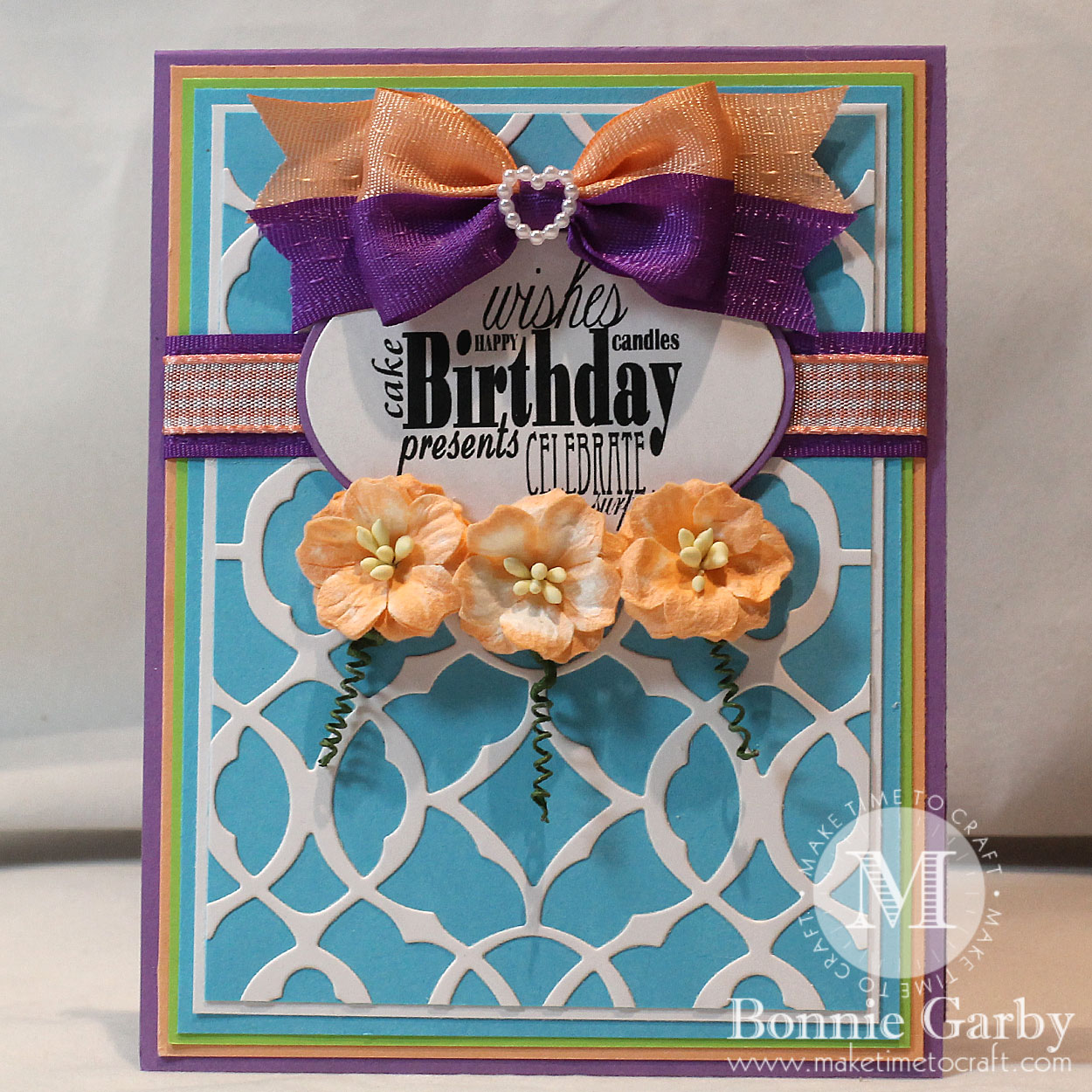 Handmade card with Ribbon and Mulberry Flowers from Really Reasonable Ribbon