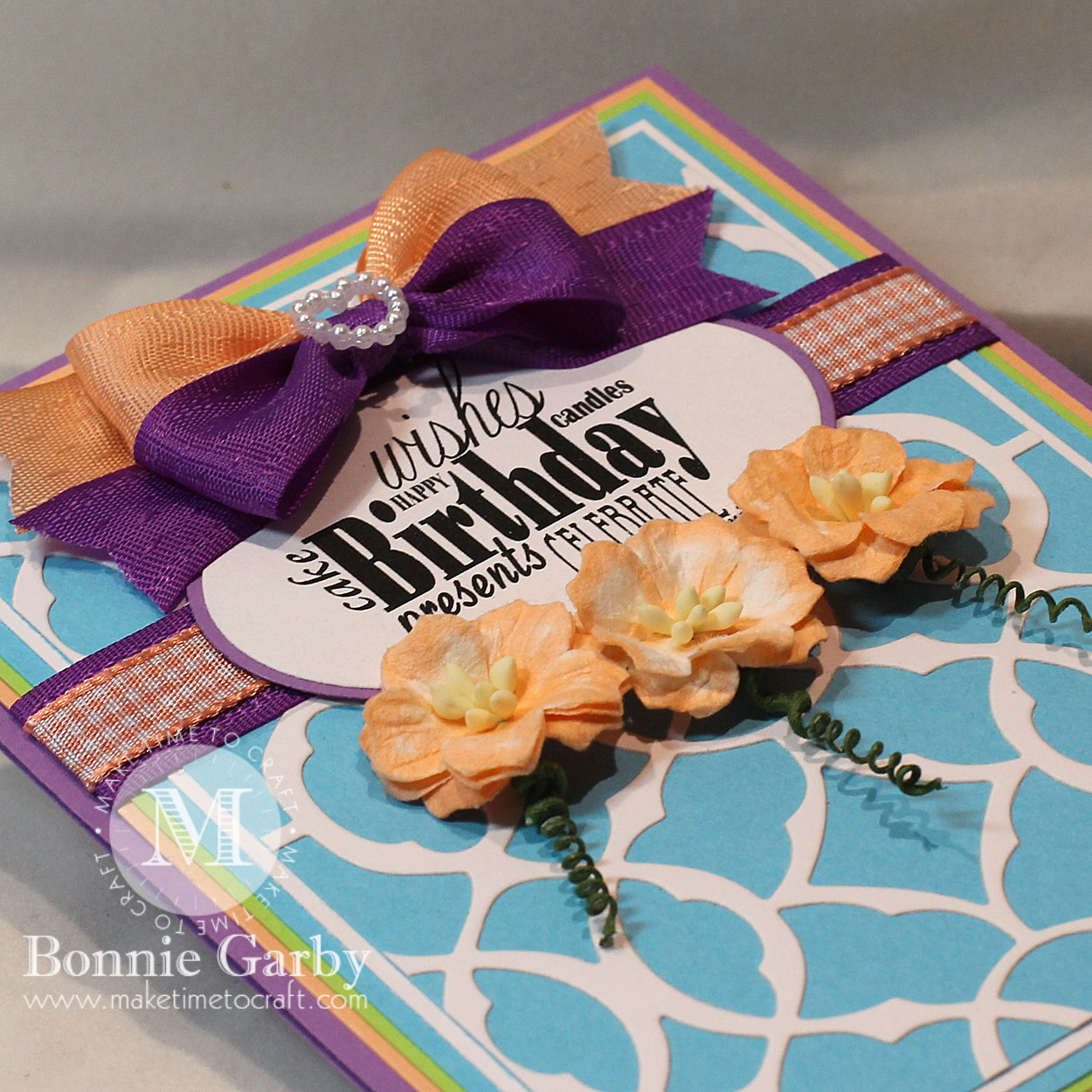 Handmade card with Ribbon and Mulberry Flowers from Really Reasonable Ribbon