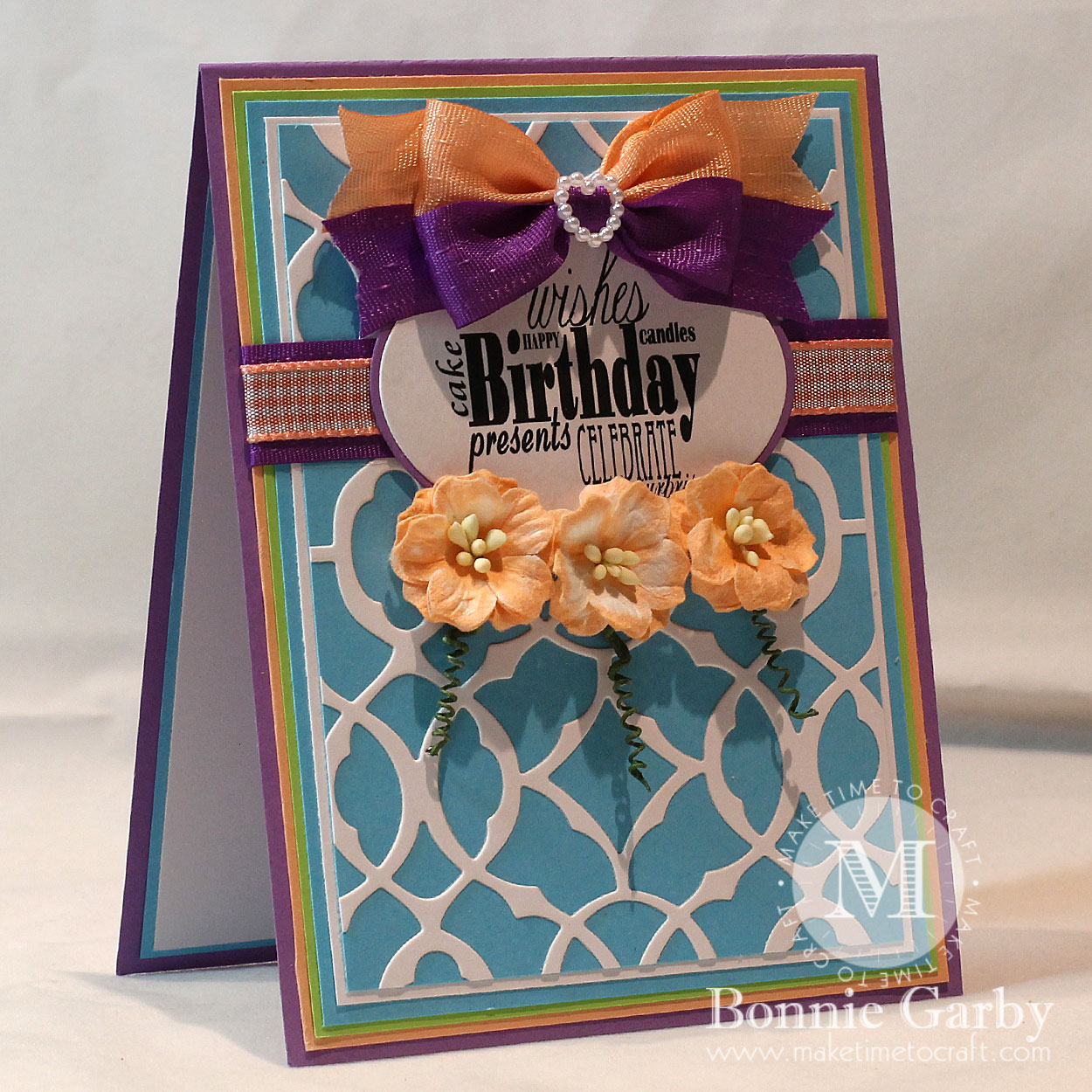 Handmade card with Ribbon and Mulberry Flowers from Really Reasonable Ribbon