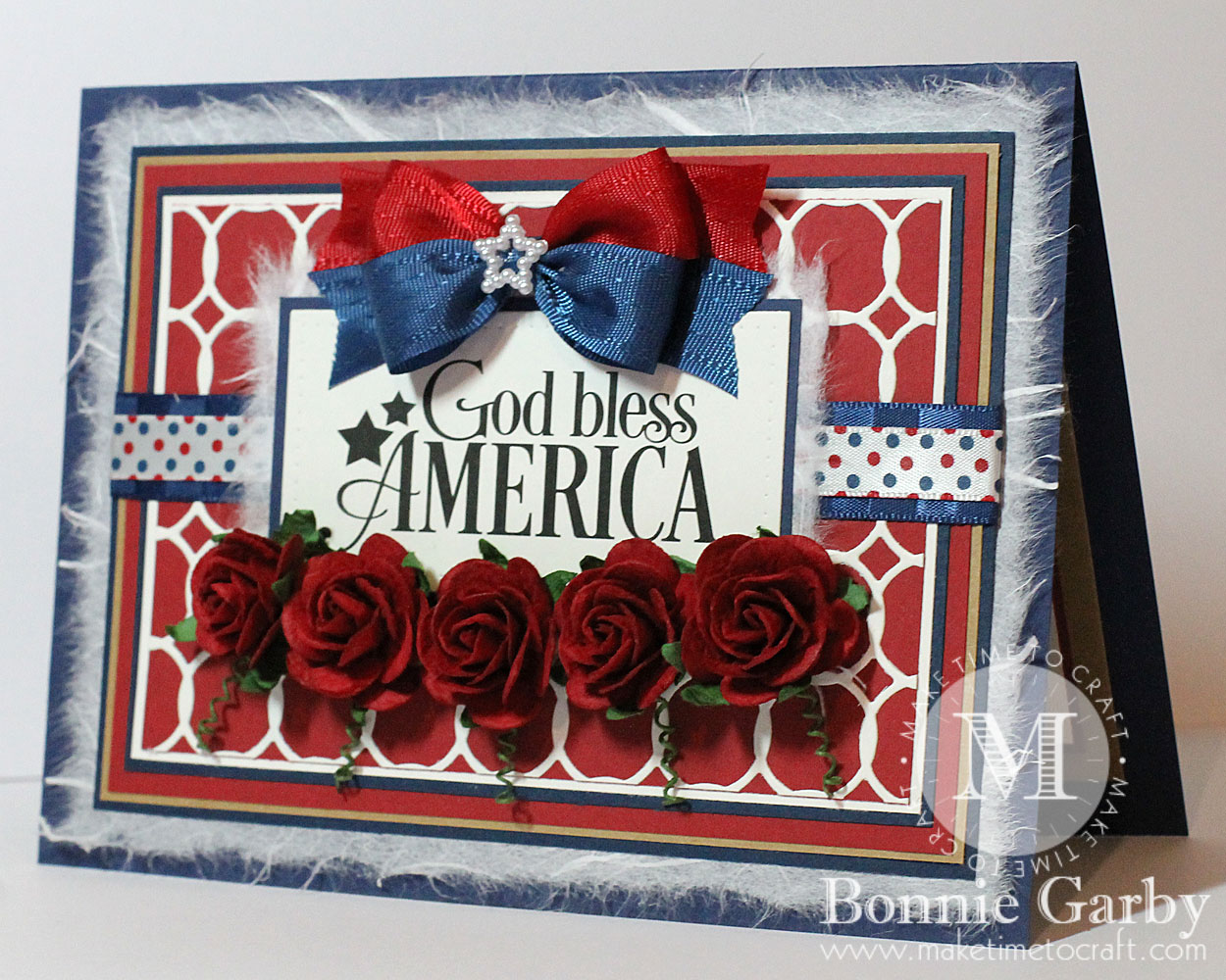 handmade patriotic card with ribbon and mulberry flowers