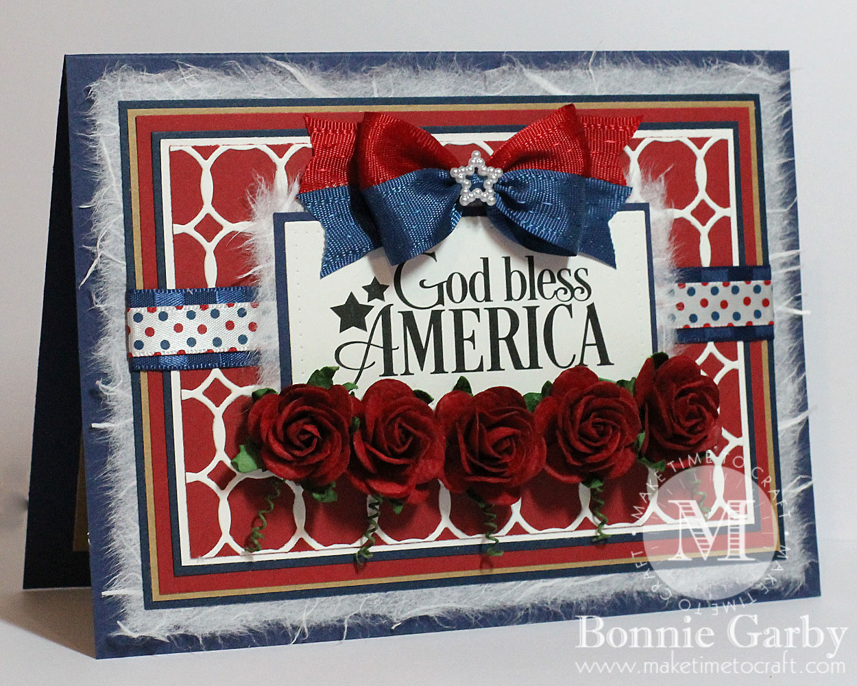 handmade patriotic card with ribbon and mulberry flowers